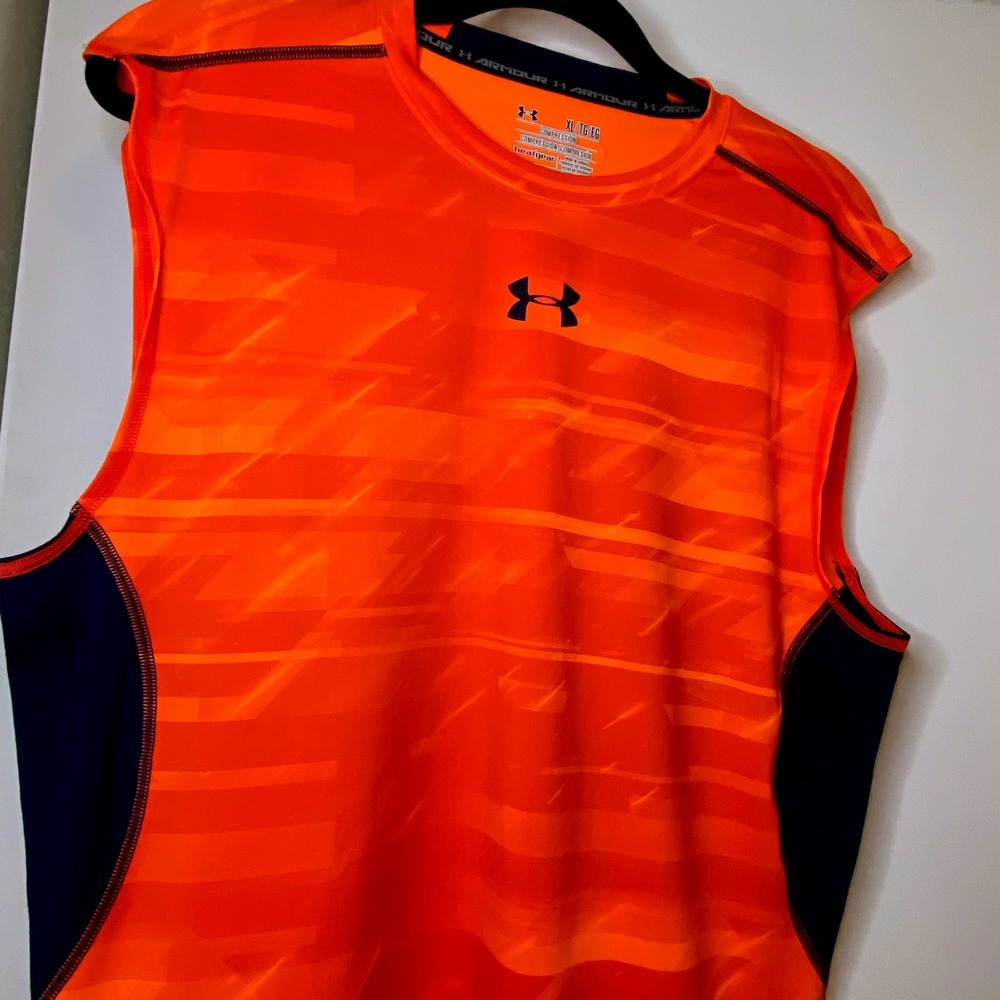 Under Armour Mens HeatGear Compression Tank Top Orange Navy XL Sleeveless Shirt